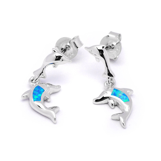 Srebrne Kolczyki Delofinki z Niebieskim Opalem