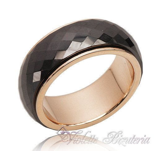 Obrączka Czarna Ceramika Różowo Złota Stal